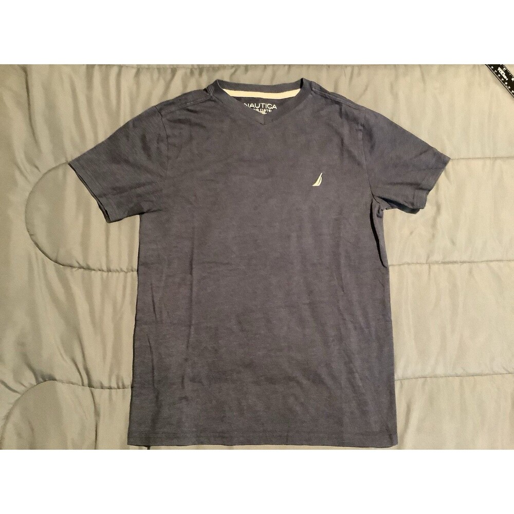 Nautica Boys V-neck Blue T-Shirt Shirt Short Sleeve with logo Size Large 14/16